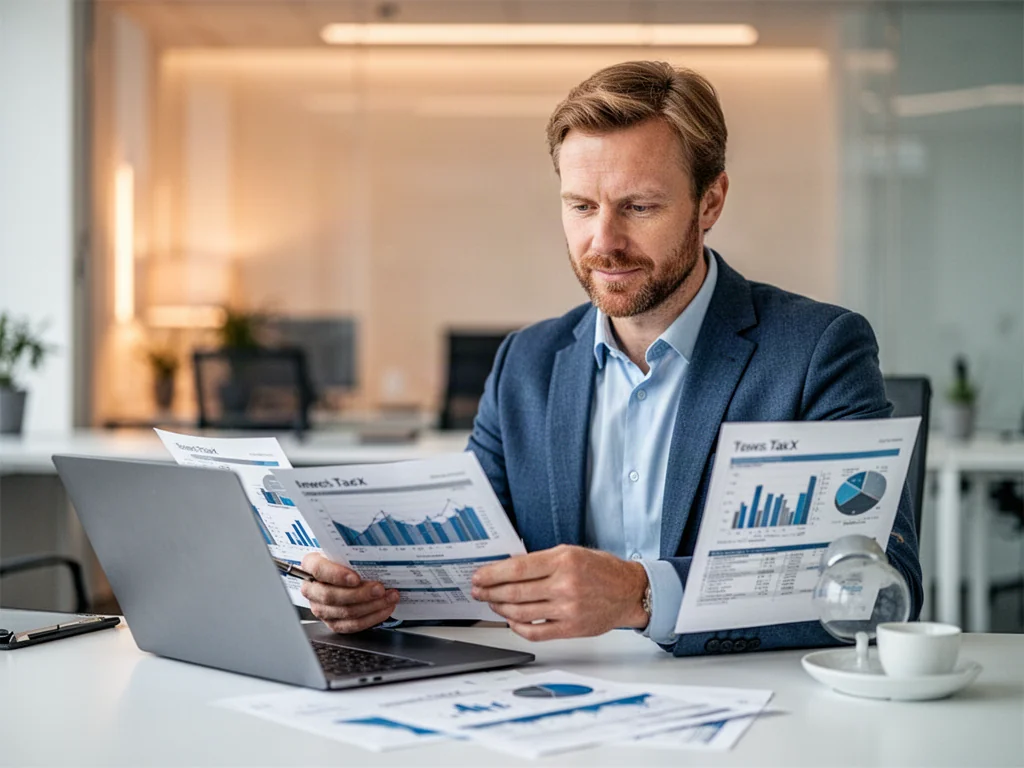 Mężczyzna przy biurku analizuje dokumenty finansowe i wykresy podatkowe na laptopie w nowoczesnym biurze.