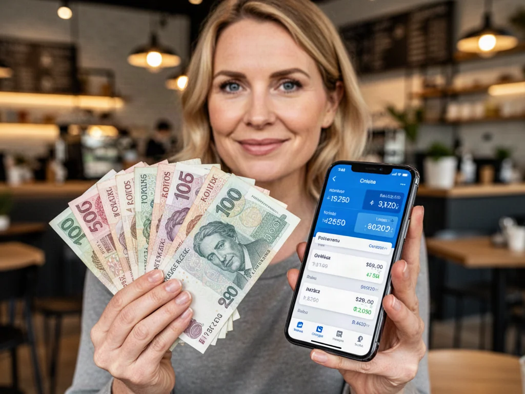 Kobieta trzymająca czeskie korony oraz smartfon z aplikacją do przeliczania walut w nowoczesnej kawiarni.